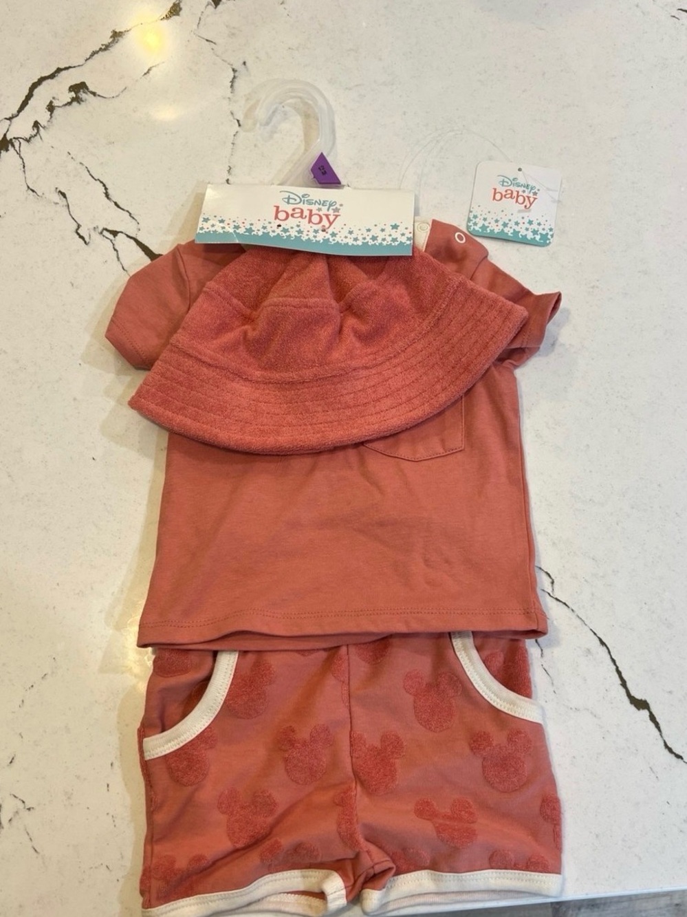 Disney Baby Salmon/Coral Bucket Hat, Top & Mickey Shorts Set